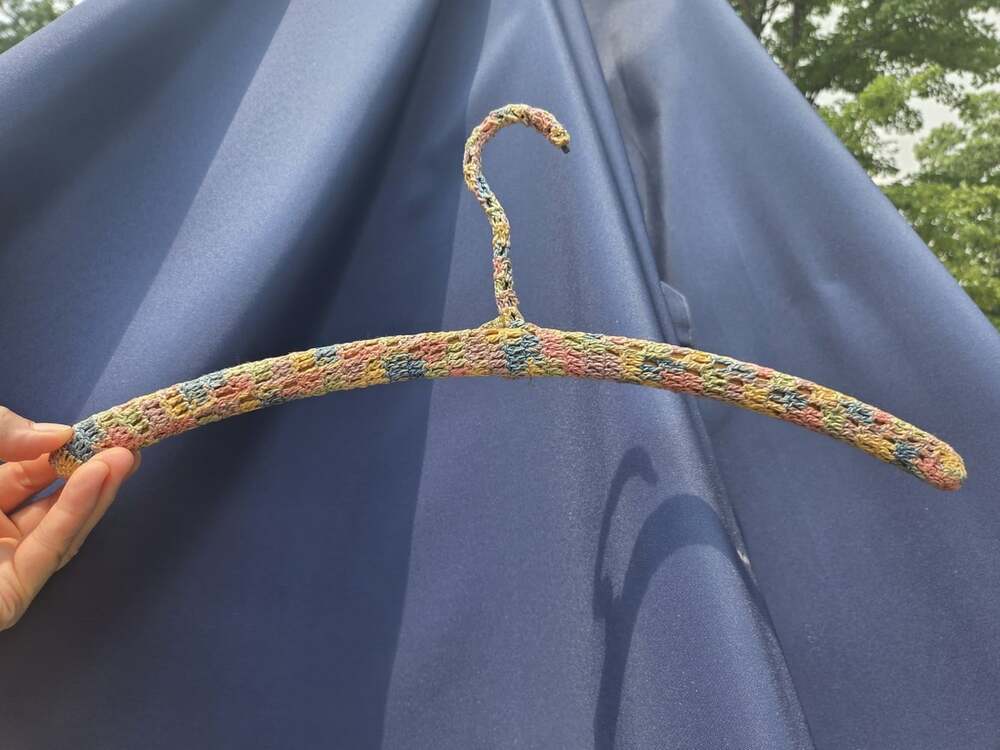 Vtg Crochet Covered Hanger Multicolored Pastel Yarn Handcrafted Wood Metal Hook - Picture 3 of 6